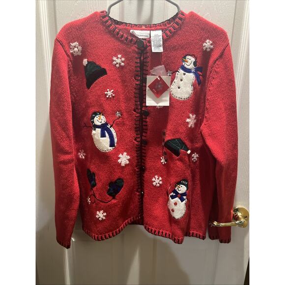 Vintage Croft & Barrow Red Christmas Snowman Button Up Size M Sweater - Picture 1 of 8